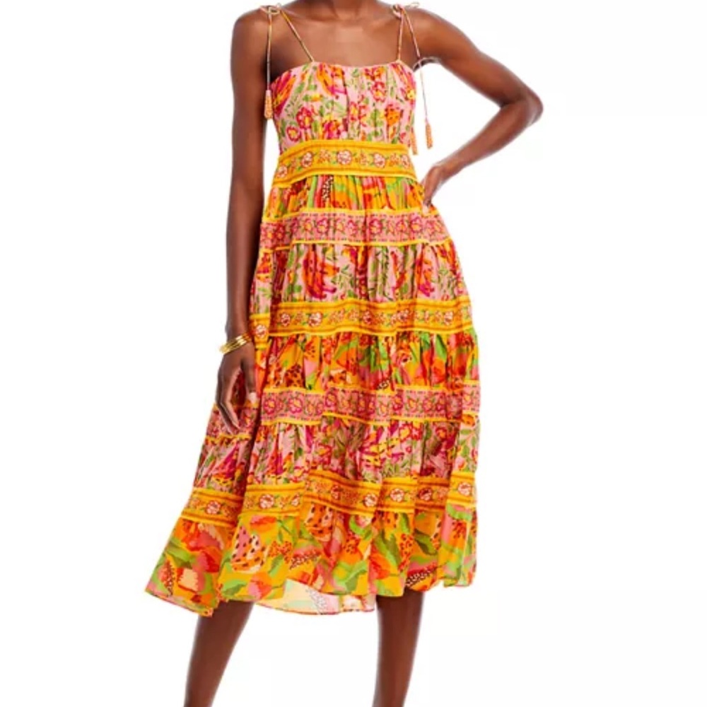 FARM Rio Yellow Multi-Color Floral Tiered Midi Dress
